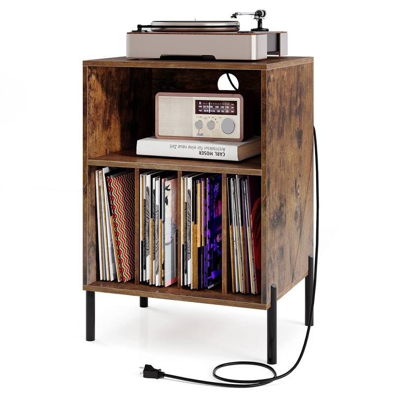 Gymax Record Player Stand w/Charging Station 5 Storage Compartments - Brown - MDF