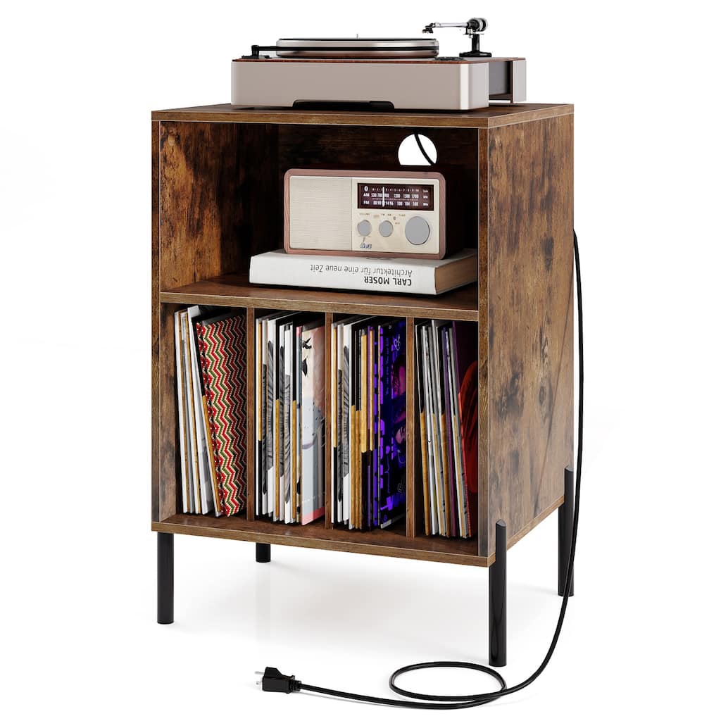 Gymax Record Player Stand w/Charging Station 5 Storage Compartments