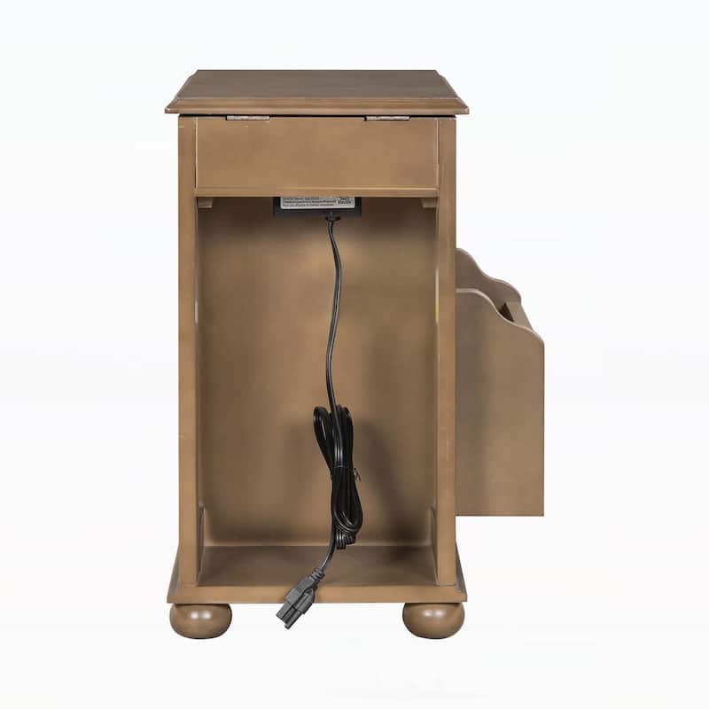 Vintage Side Table Flip Top with Flip Top,USB Ports,Multifunctional Drawer,Bookshelf for Living Room