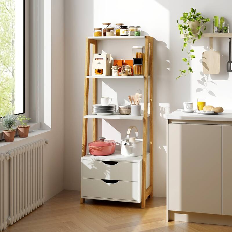 Space-Saving 4-Tier Ladder Shelf Organizer with Dual Drawers - 20.5" x 15.6" x 52.44" (L x W x H)