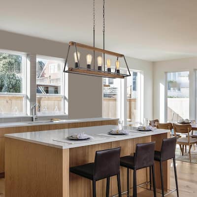 Farmhouse 5-Light Linear Chandelier Wood Grain Island Pendant for Kitchen Island Dining Room