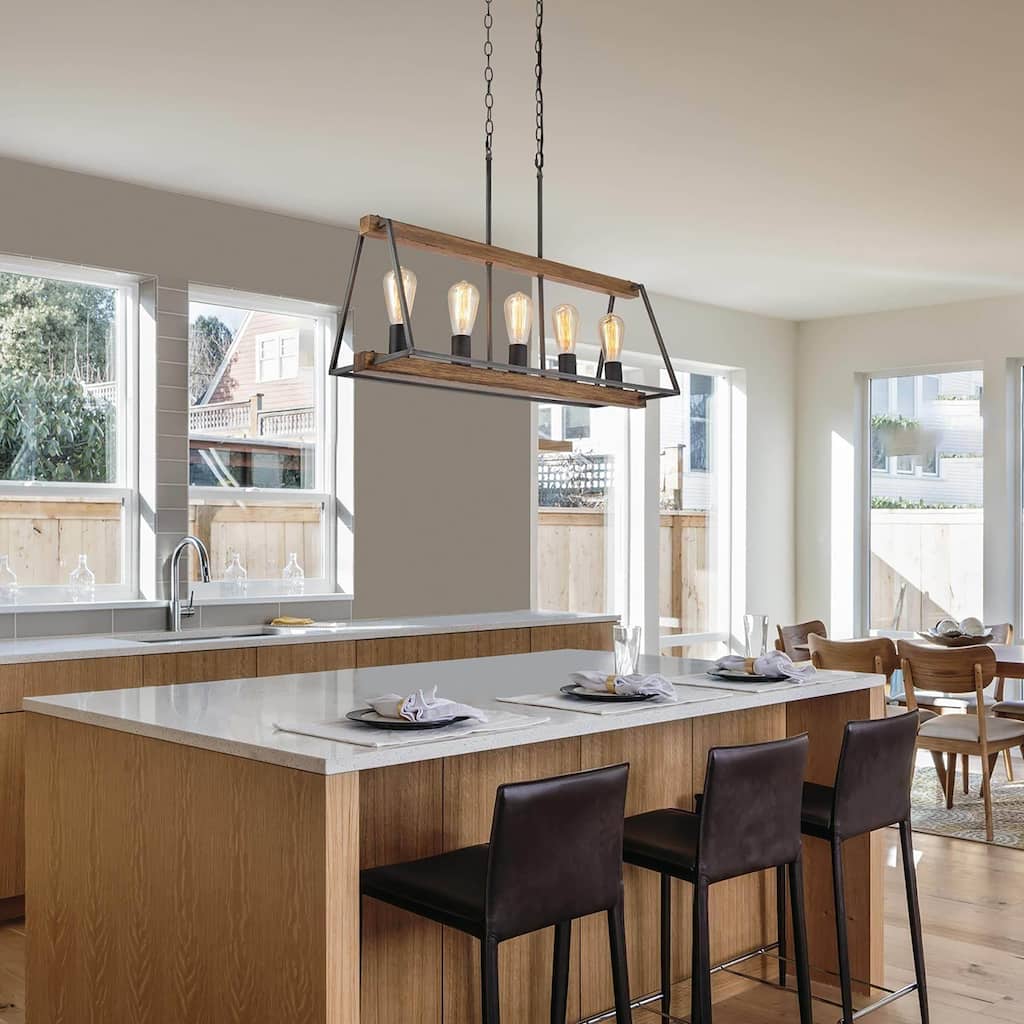 Farmhouse 5-Light Linear Chandelier Wood Grain Island Pendant for Kitchen Island Dining Room