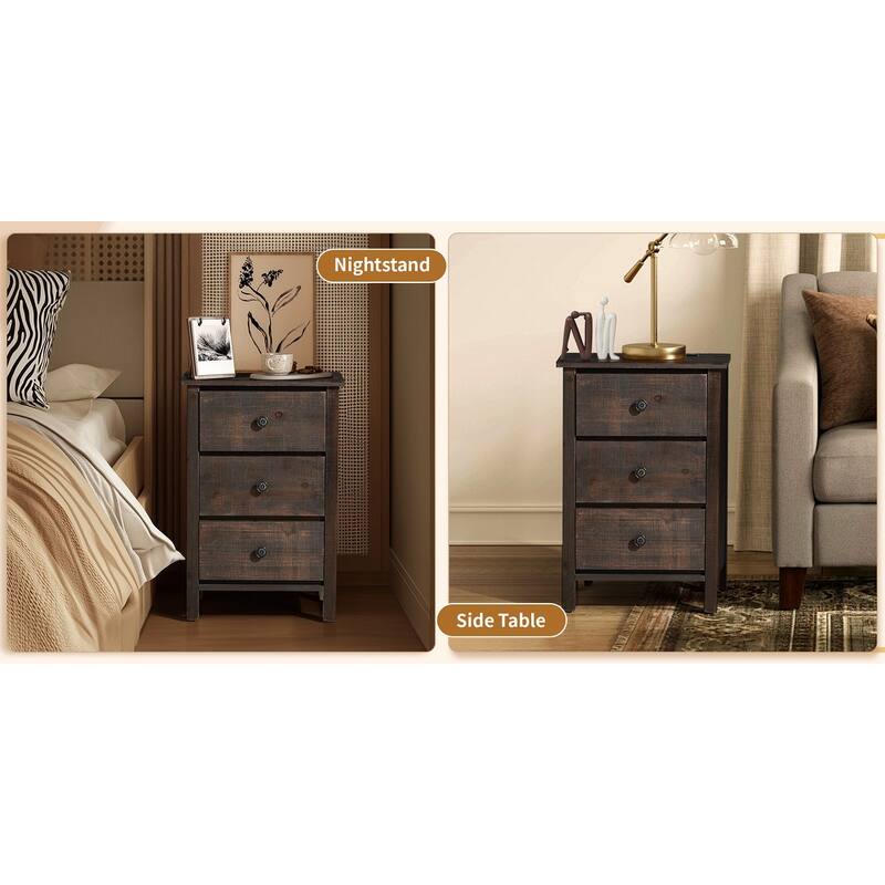Brown MDF Wood 3-Drawer Bedside Table with Spacious Storage