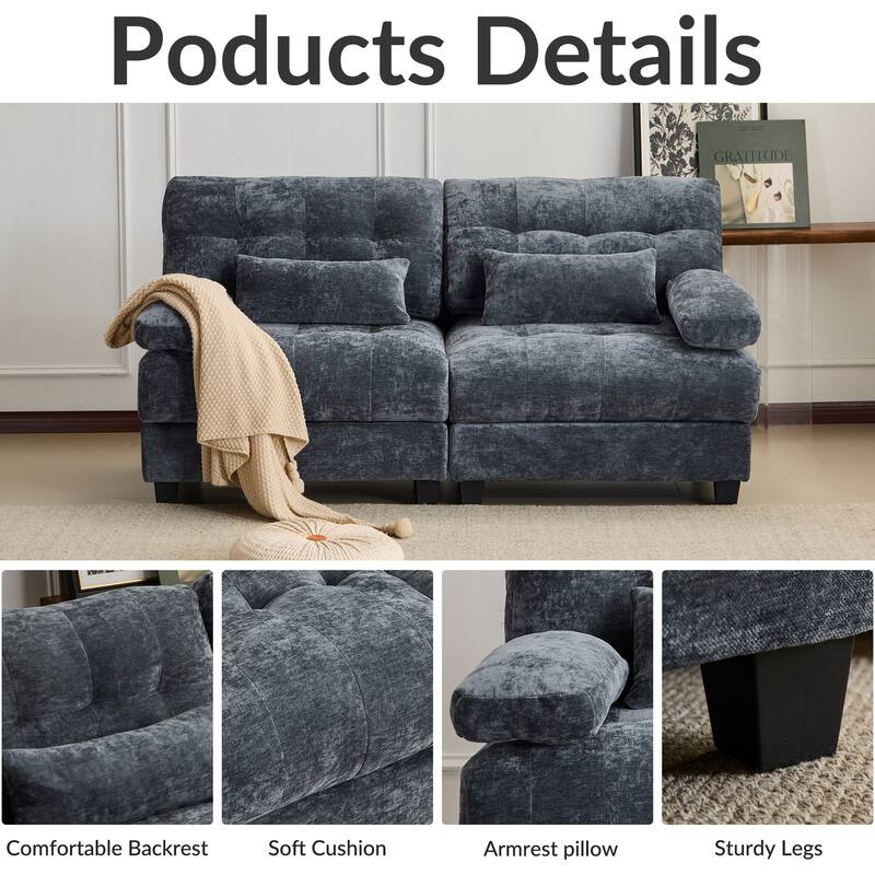 67-Inch Chenille Loveseat Sofa with 4-Position Adjustable Backrest, 2 Throw Pillows, 2-Seater Sofa Couch for Livingroom Apatment