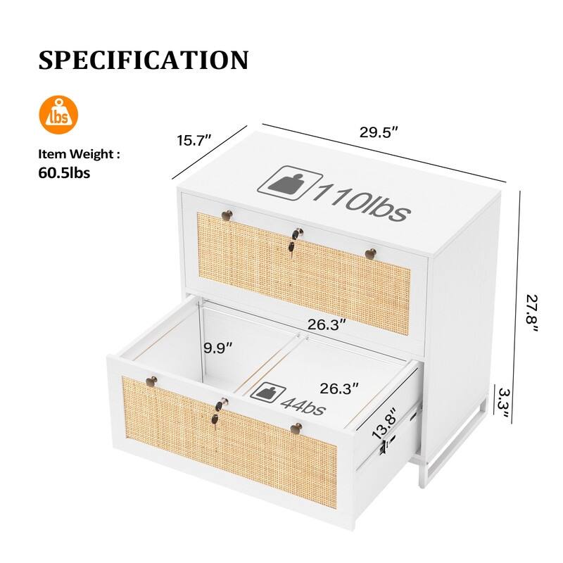 File Cabinet Lateral 2-Drawer Wood Rattan with Lock for Home Office