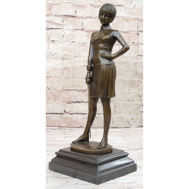 Bronze Sculpture Statue Figure Of Young Woman Fencer Standing With Sword On Marble Base