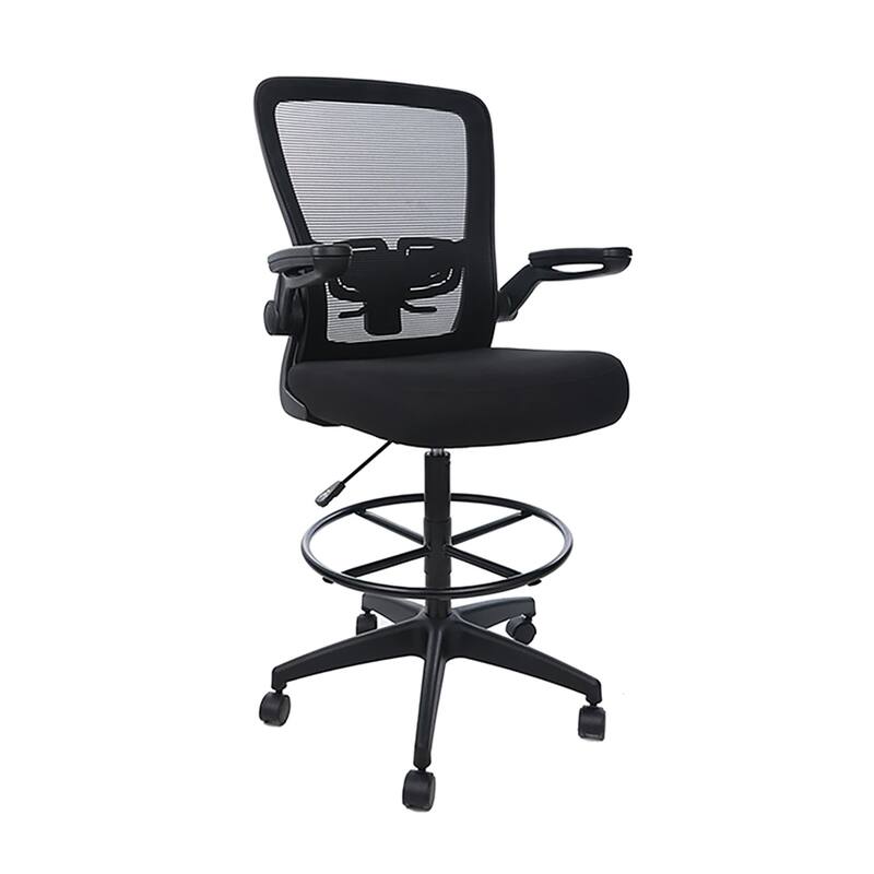 Dea Drafting Stool Chair, Flip-Up Arms, Black Mesh, Chrome Footring