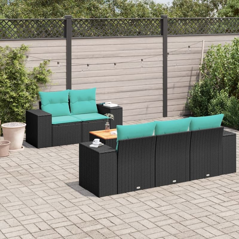 vidaXL 6 Piece Patio Sofa Set with Cushions Black Poly Rattan - 21.7" x 24.4" x 27.2"