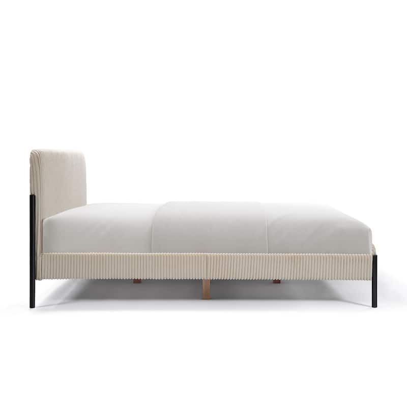 Corduroy Upholstered Bed Frame, Rounded Corners Design Queen Platform Bed, Slat Support