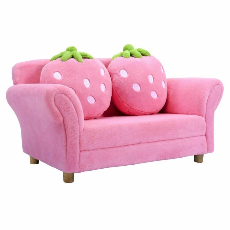 Kids Strawberry Armrest Chair Sofa with 2 Strawberry Pillows - 35.5" x 21.5" x 19" - Pink