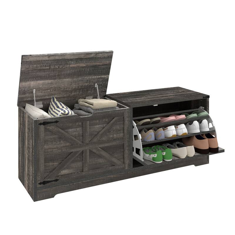 Moasis Farmhouse Shoe Storage Bench and Shoe Cabinet with Flip Drawer & Flip-Top Storage