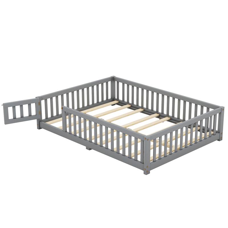Full Size Pine Wood Floor Bed with Safety Guardrails and Door for Kids, Boys, Girls, Bedroom