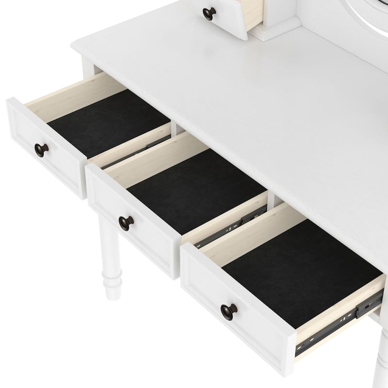 Vanity Desk with Adjustable Angle Mirror,Vanity Makeup Table and Cushioned Stool Set with Velvet Fabric Lining 5 Drawers