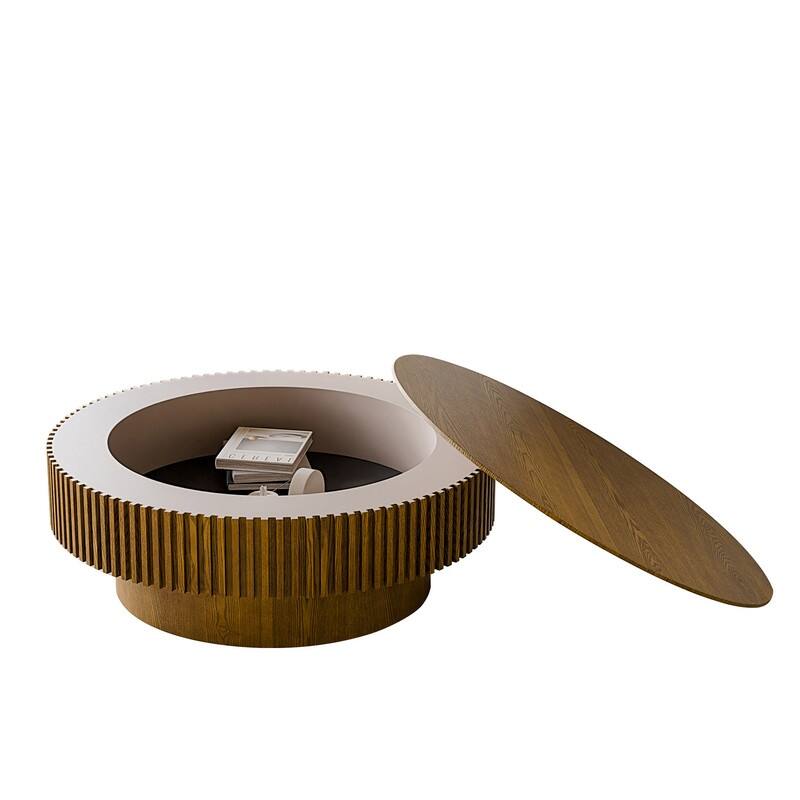 39.37" Round Coffee Table with Storage Solid Wood Veneered Modern Accent Table for Living Room or Bedroom
