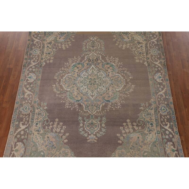 Distressed Tabriz Persian Vintage Area Rug Hand-Knotted Wool Carpet - 6'9"x 9'2"