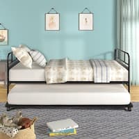 Metal Daybed Platform Bed Frame with Trundle Built-in Casters - Bed ...