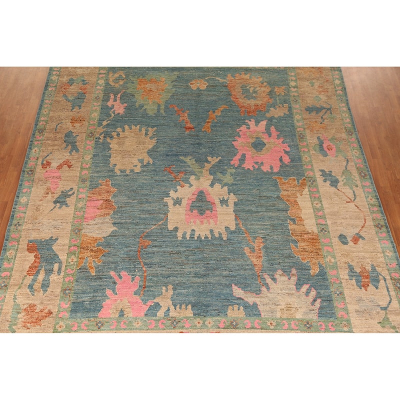 Vegetable Dye Blue Oushak Turkish Large Rug Hand-Knotted Wool Carpet - 10'5" x 14'0"