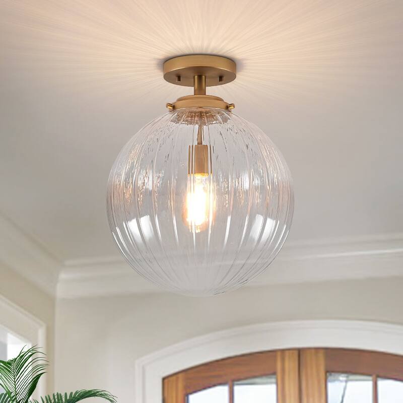 Single-light Mid-century Modern Striped Glass Semi-flush Mount - N/A