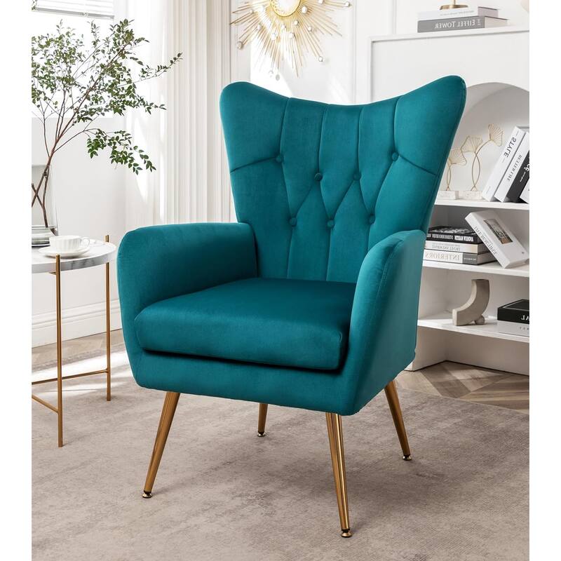 Modern Chic Mid-Century Velvet Accent Armchair Button-Tufted Wingback Design with Gold Flared Legs