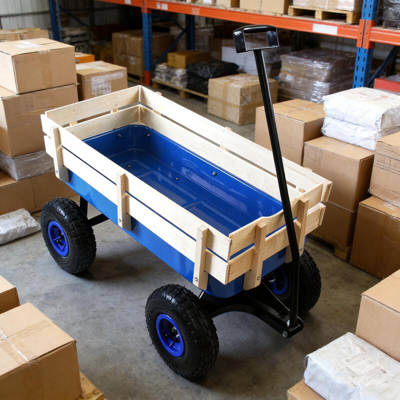 Anmytek Garden Cart Utility Wagon with Inflatable Tires Outdoor Hauler Blue Wooden