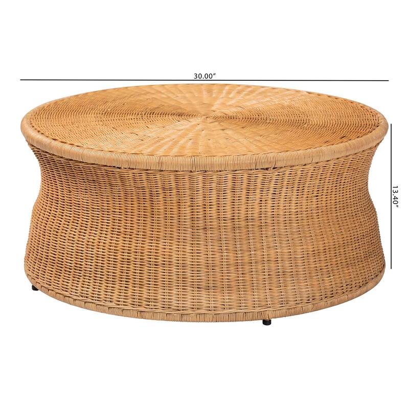 Caroline Round Natural Rattan Coffee Table - Handwoven Wicker Drum Shape Accent Table for Living Room or Sunroom, Light Honey