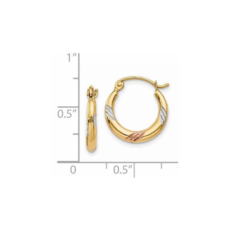 Curata 14k Tri Color Gold Textured Ridged Puffed 14x2mm Hoop Earrings