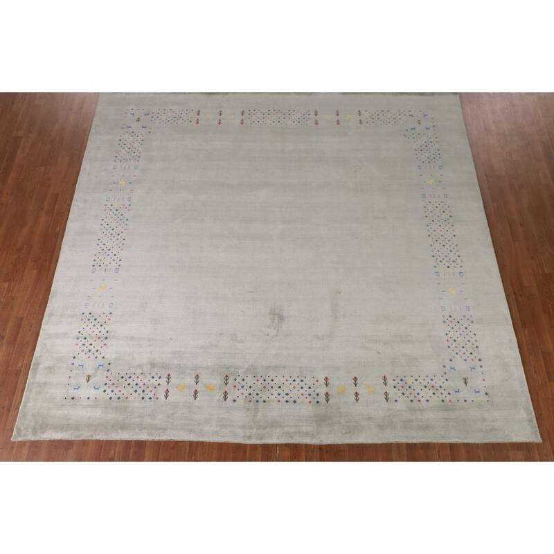 Green Gabbeh Oriental Square Area Square Rug Hand-Knotted Wool Carpet - 9'4" x 10'0"
