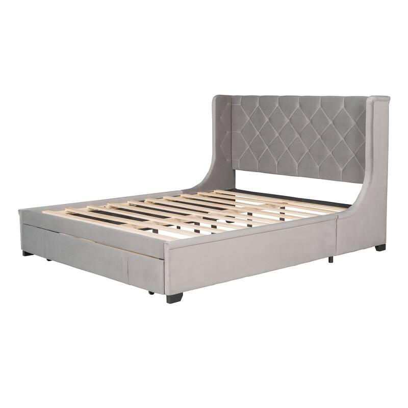 Pink Velvet Upholstered Queen Size Storage Bed with Wingback Headboard - Elegant Design, Sturdy Frame