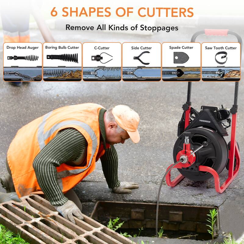 3/8In x 100Ft Heavy Duty Drain Cleaner Machine, Electric Drain Auger for 1-4 Inch Pipes