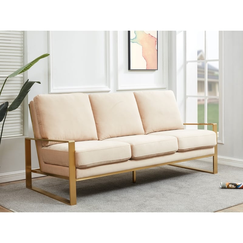 Jefferson Velvet Upholstered 3 Seater Sofa with Brushed Gold Stainless Steel Base and Removable Cushions - 77.1