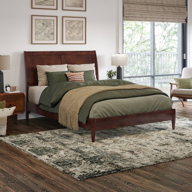 Solid Wood Low Profile Sleigh Bed with USB Ports - Full Size Platform Bed Frame, Walnut Finish