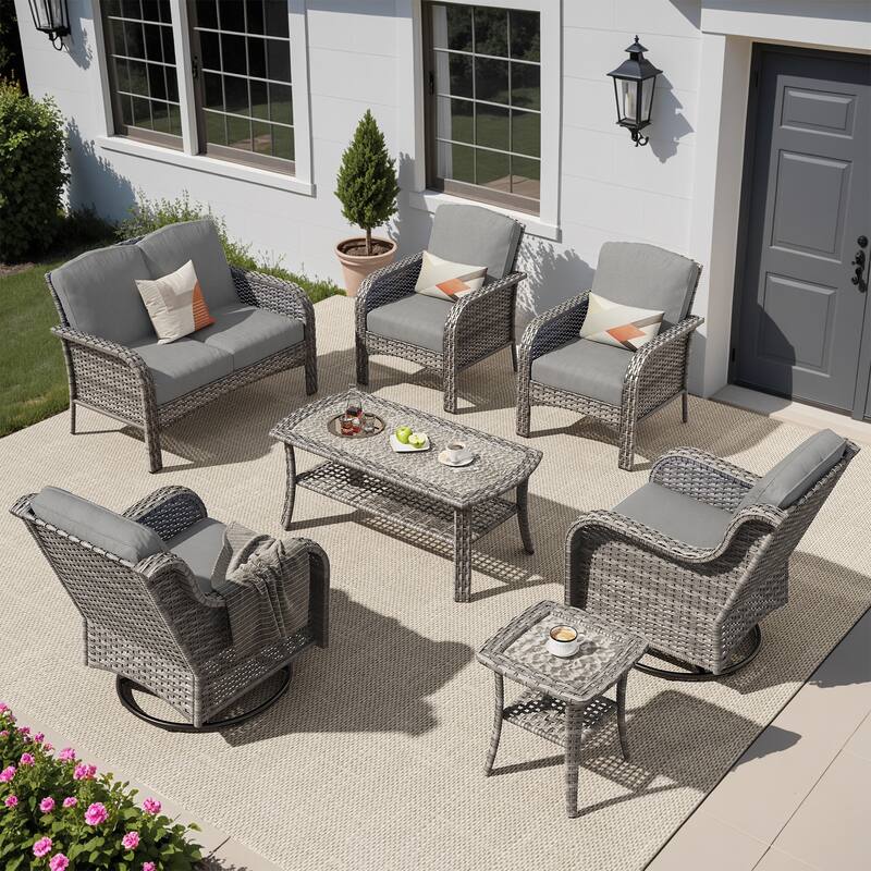 OVIOS 7 Pieces Outdoor Patio Swivel Chair Loveseat Conversation Set - DarkGrey