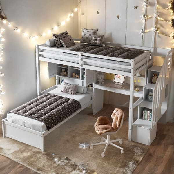 slide 2 of 31, Twin Over Twin Loft Bed with Desk,Staircase,Storage Shelves and Platform Bed