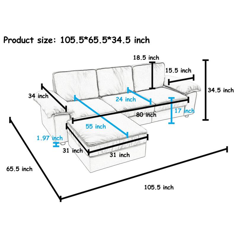 Upholstered L-Shaped Sectional Sofa Couch with Ottoman, Modern Fabric Deep Seat Sofa