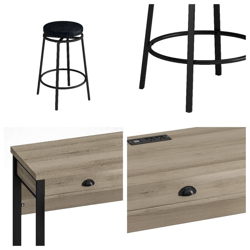 Long Dining Table Set w/Power Outlets,Bar Kitchen Table Set w/Stools