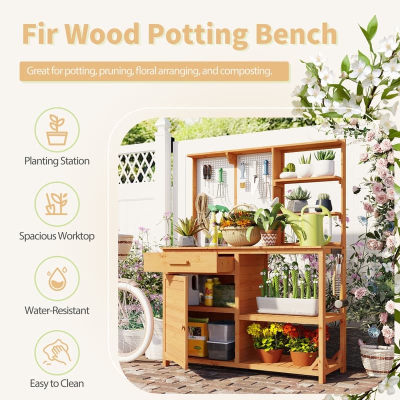 Fir Wood Potting Bench with Hutch, Garden Workstation for Planting with 4 Shelves