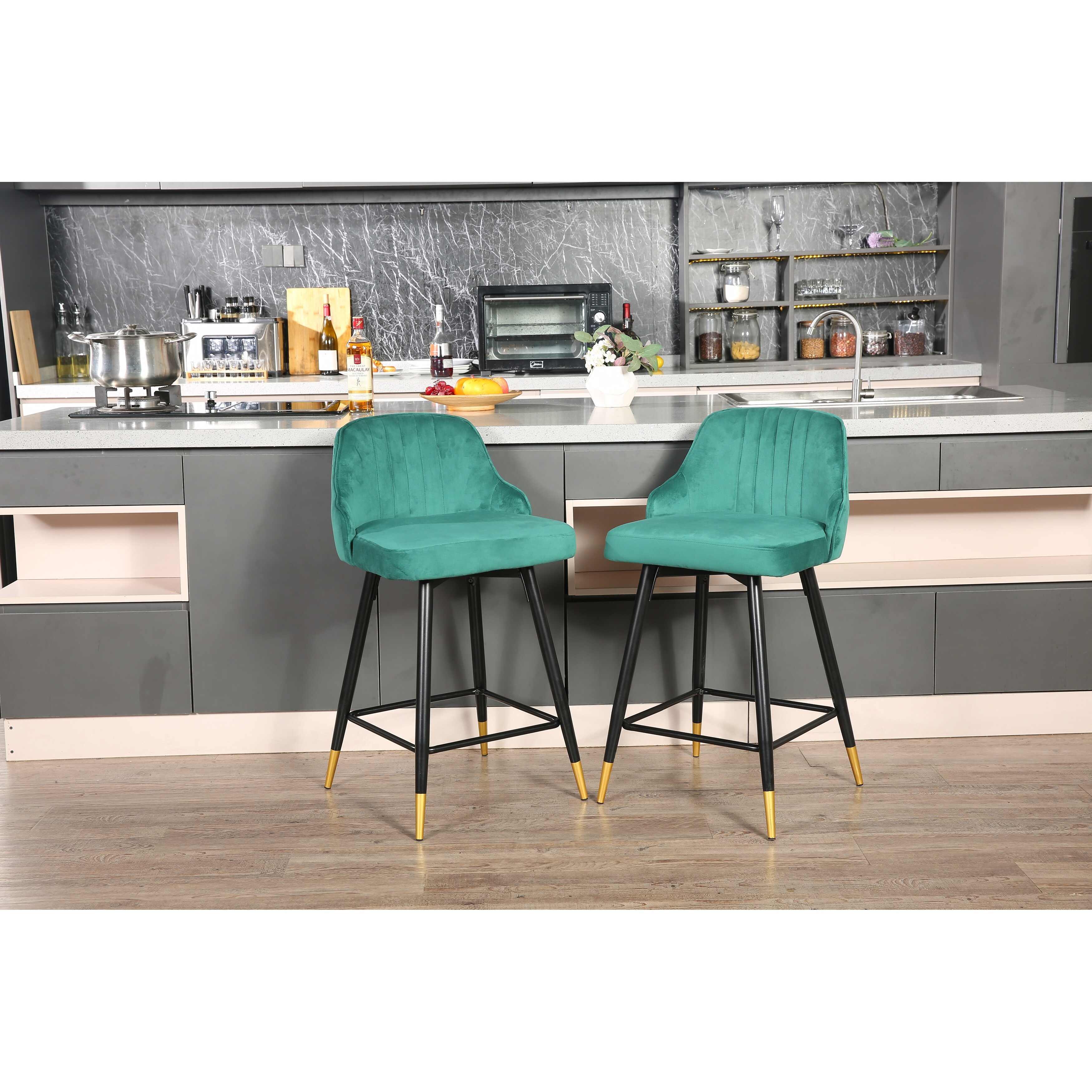 Green velvet store counter stools