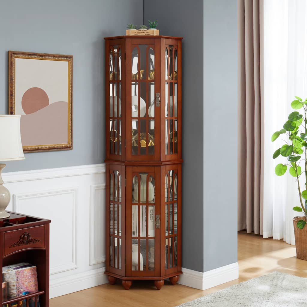 Lighted Corner Curio Cabinet, Wooden Accent Storage Cabinet, Display Cabinet with Tempered Glass Shelves & Mirrored Back