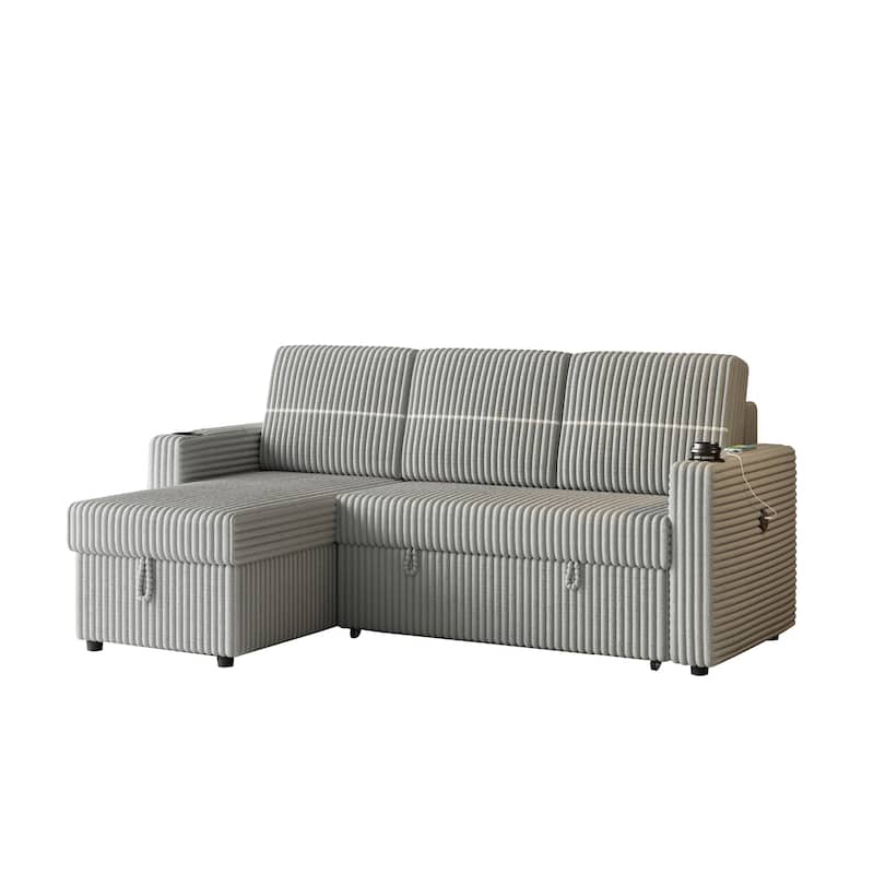 85" Corduroy 3-Seater Sleeper Sofa with Storage Chaise, USB Charging and Cup Holders