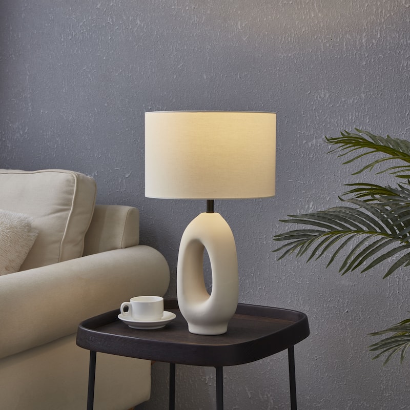 Brightech Artemis 22" Beige/Cream Standard Traditional LED Super Bright Table Lamp with Linen Drum Shade & Built-In USB-C Port