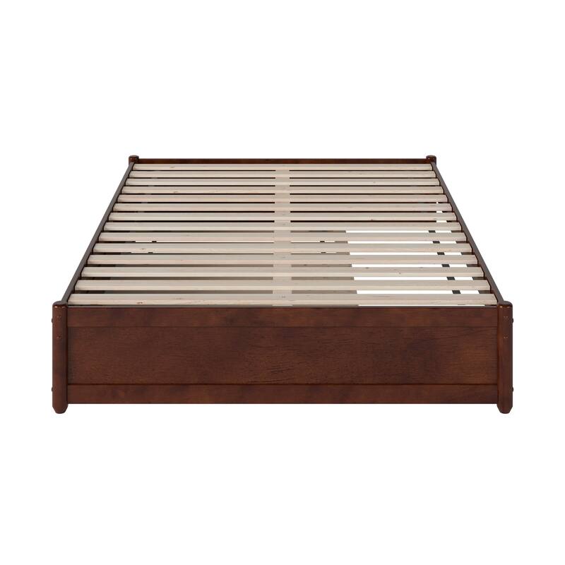 Platform Bed with Trundle - Twin Size, Walnut Finish - Full Panel Design & Wood Slats - Guest Bed