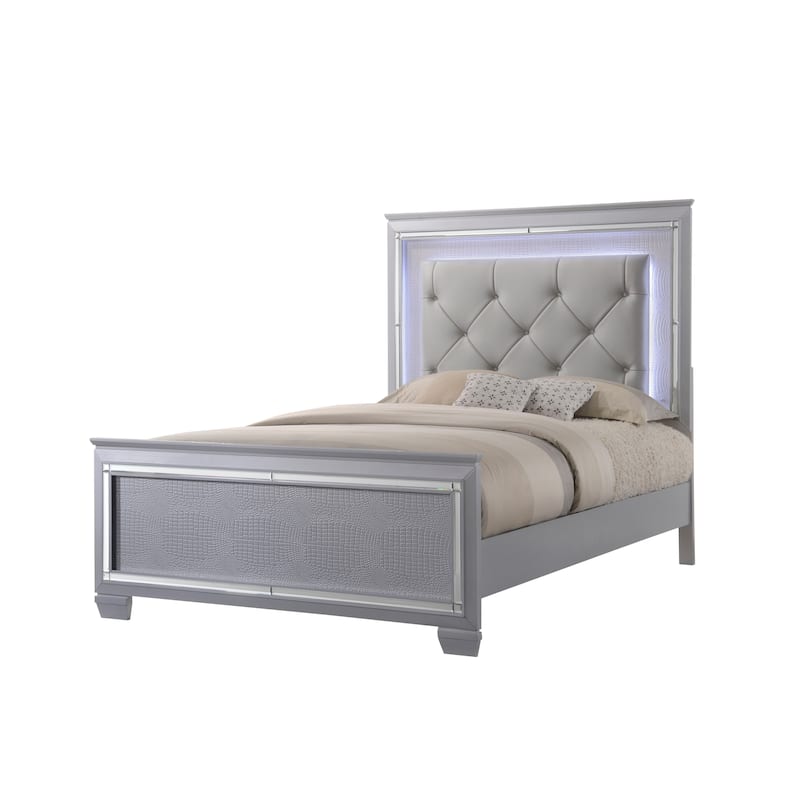 Lavina Silver LED Faux Leather Upholestered Tufted Bed - Queen