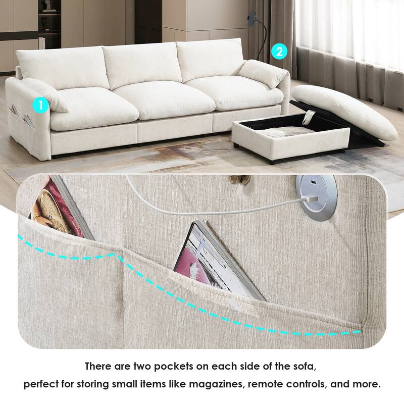 L-Shaped Sectional Chenille Sofa with Storage Ottoman, Phone Holder, USB Charger, Elephant Ear-Shaped Armrests and Pockets