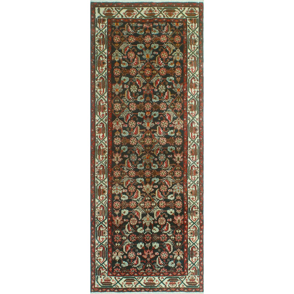 Fine Vintage Distressed Dilobar Charcoal/Ivory Runner - 3'6" x 9'8"