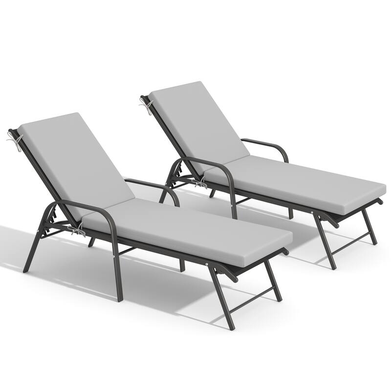 Outdoor Lounge Chairs Chaise Lounge Set with Adjustable Back and Cushions - Black Fabric Chair with Light Grey Cushion