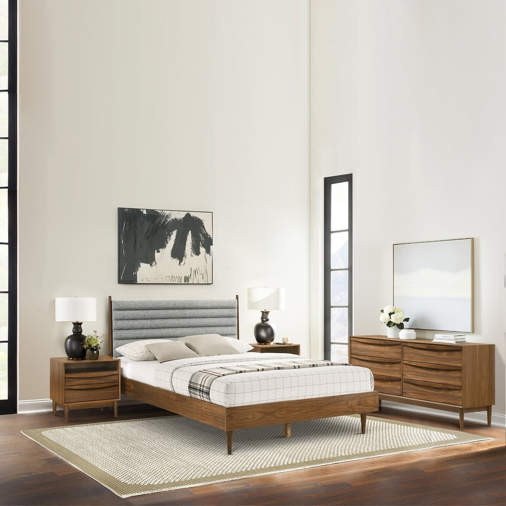 Artemio Black or Walnut Wood 4 Piece Bedroom Set with Grey Upholstered Headboard