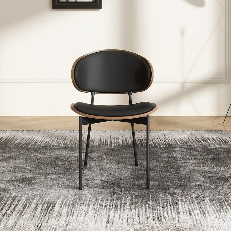 Contemporary Curved Back Dining Chairs Set of 2, Black Leather Side Chairs, Fully Assembled