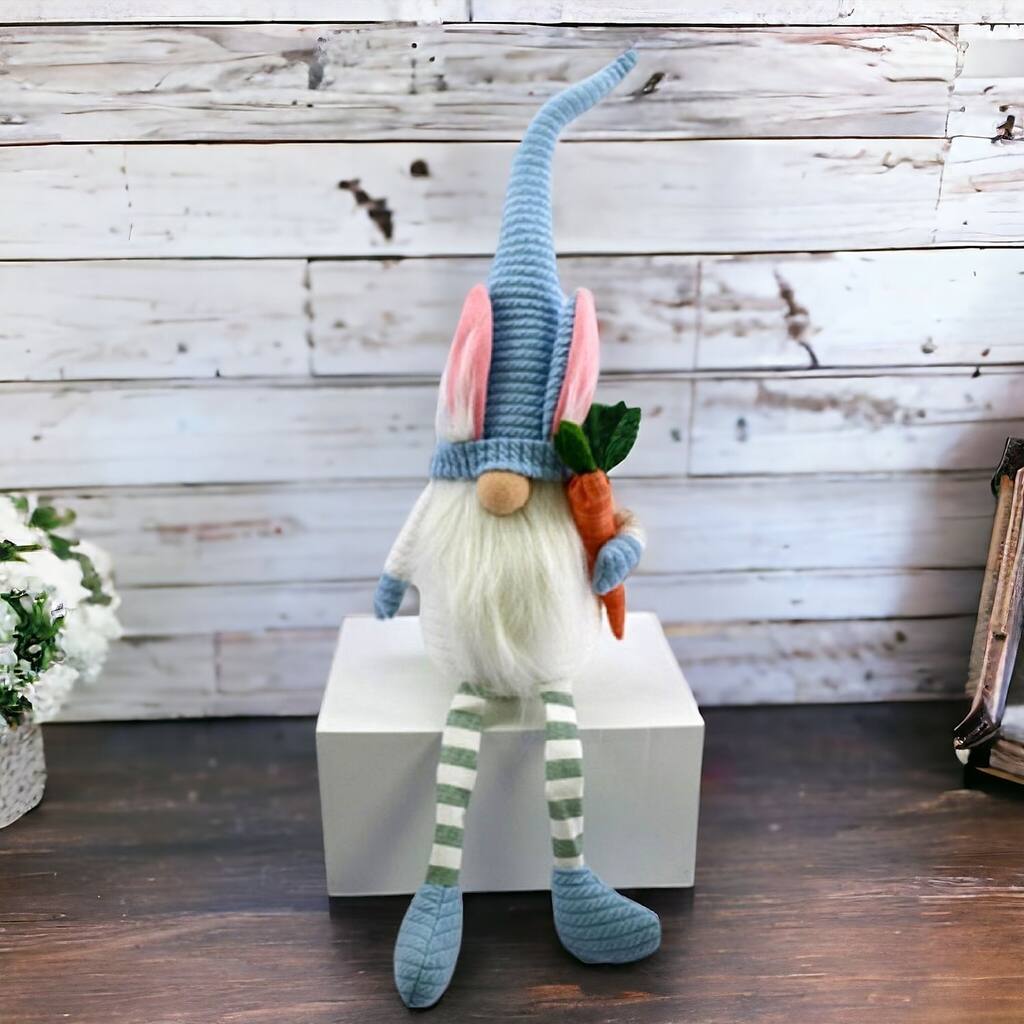 HomeRoots 32" Blue and White Fabric Easter Sitting Gnome - 6.3' X '32' X '8.7