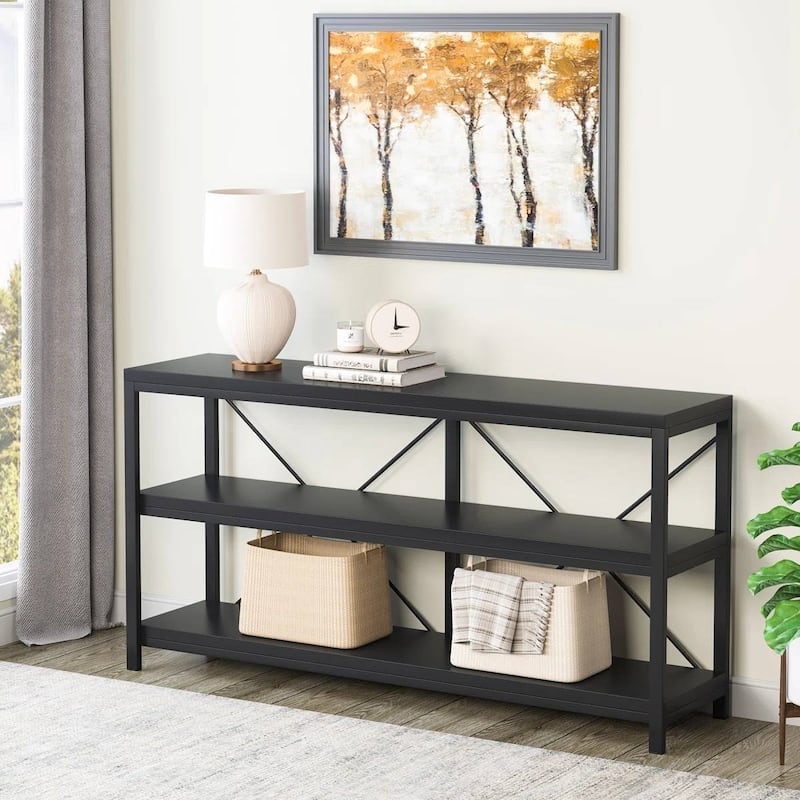 55 Inch Wooden Console Table with Sturdy Metal Frame Shelves for Storage and Decoration - 55.12”L x 11.81”W x 29.92”H