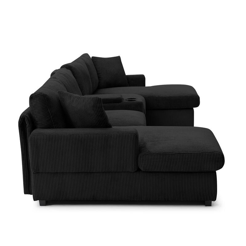 Modern Memory Foam Couch Corduroy U-shaped Sectional Sofa with Storage Console, Cup Holders and USB Ports for Living Room